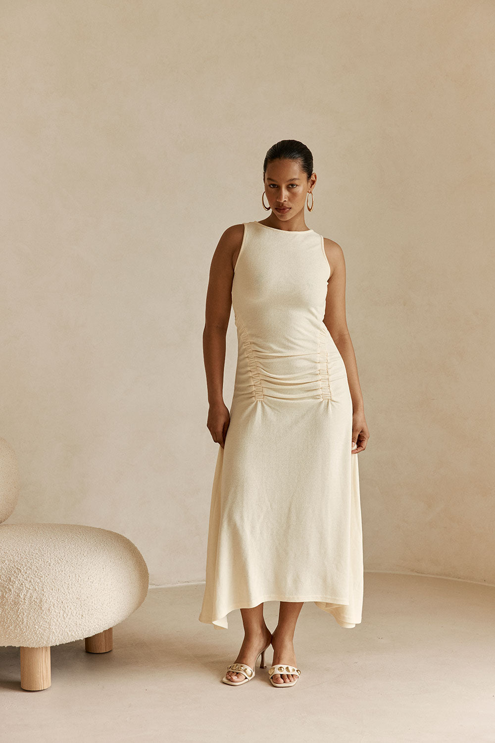 Cream Ruched Maxi Ema Dress