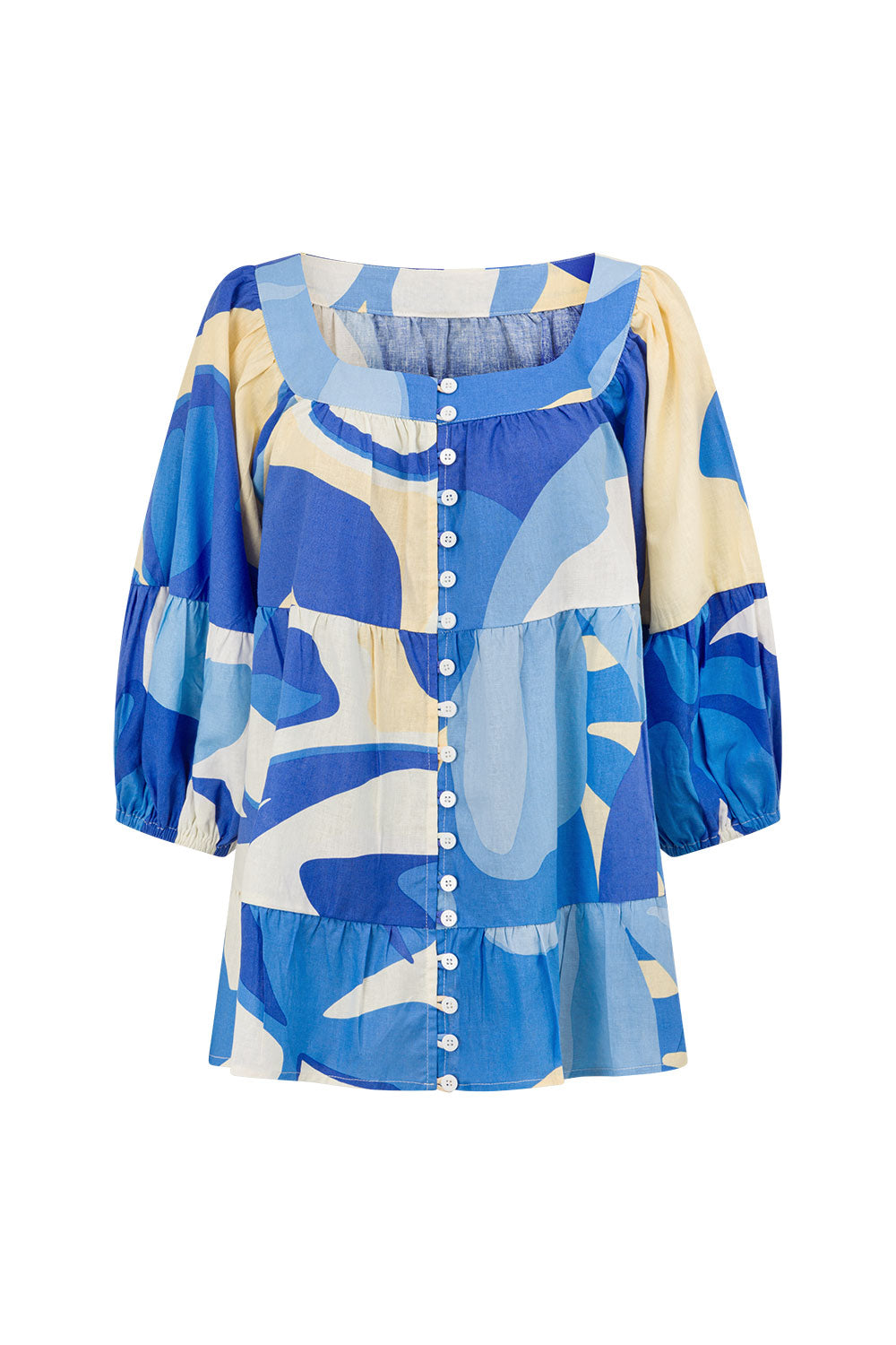 Valley Blue Print Puff Sleeve Button Elara Top