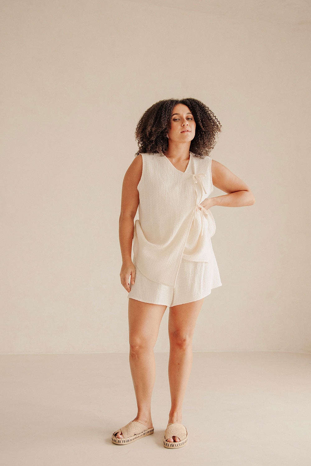 Cream High Waist Elastic Drawstring Ciel Shorts