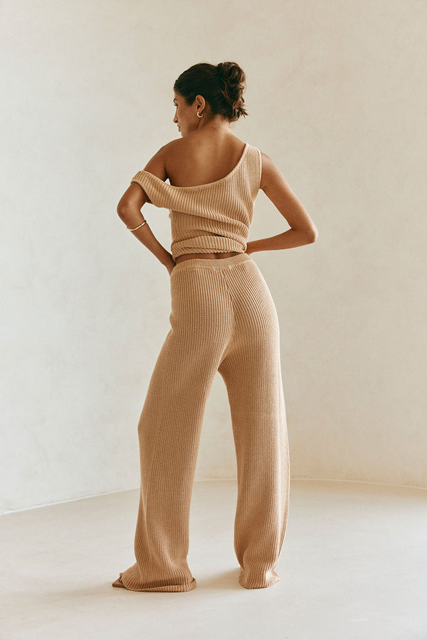 Tan Knit High Waist Elastic Sienna Pants