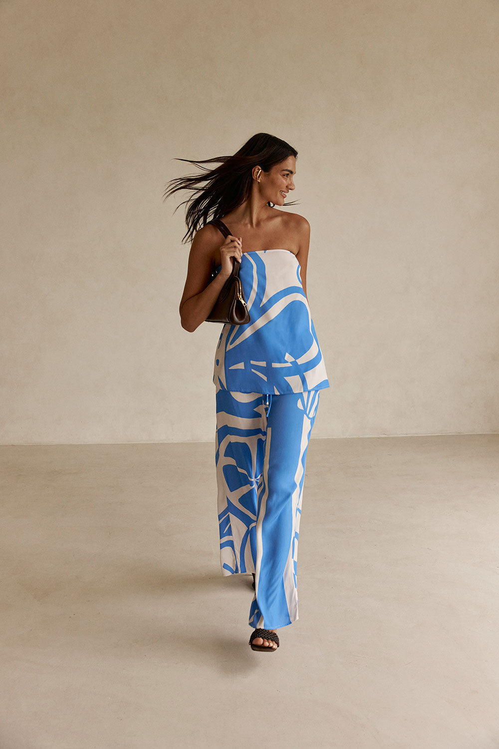 Palm Blue Print Elastic Drawstring Alma Pants