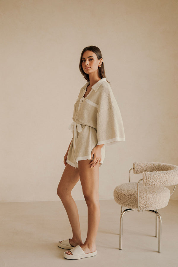 Taupe Grey Collared V Neck Tie Sammi Playsuit