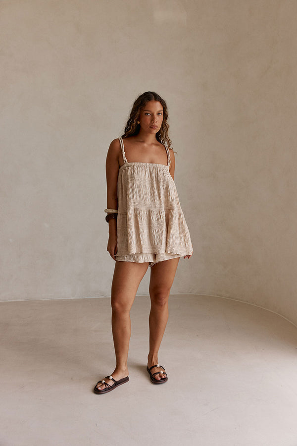 Beige Ruched Elastic Drawstring Amina Shorts