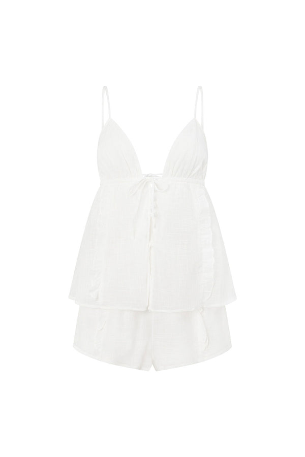 White Strappy V Neck Overlay Frill Samah Playsuit