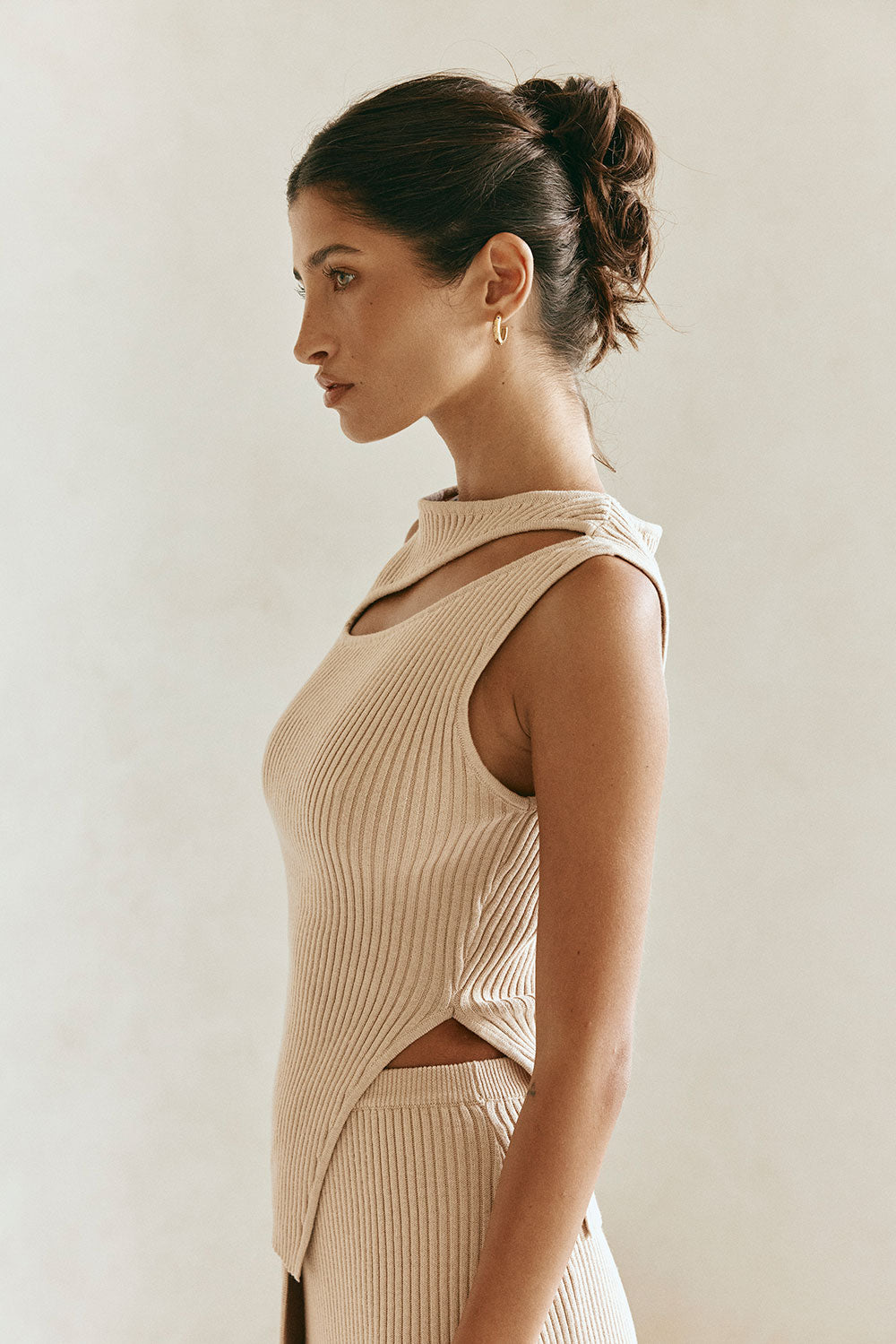 Tan Knit Asymmetric Cutout Side Split Indie Top
