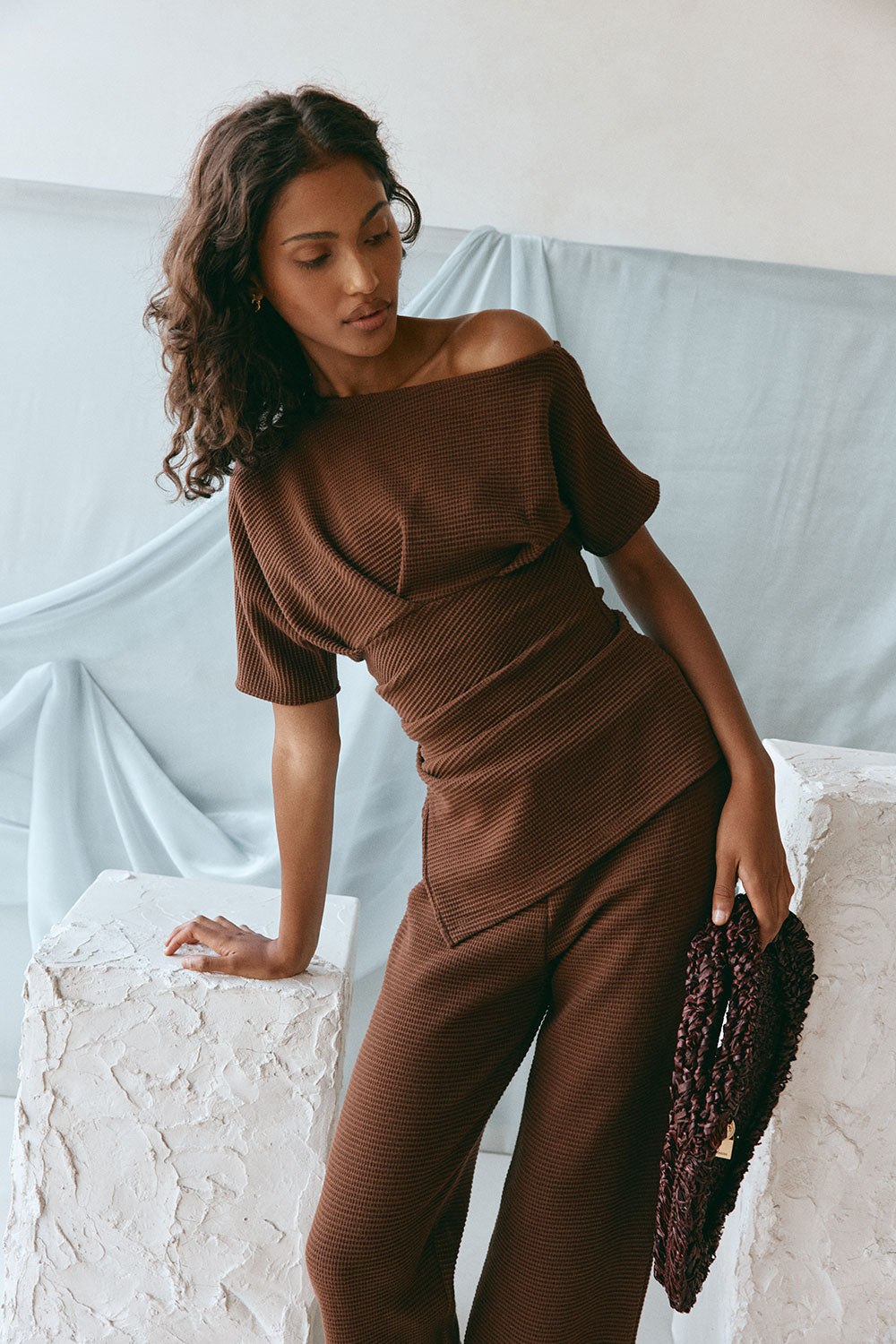 Chocolate Brown Waffle One Shoulder Ruched Malika Top – SABO