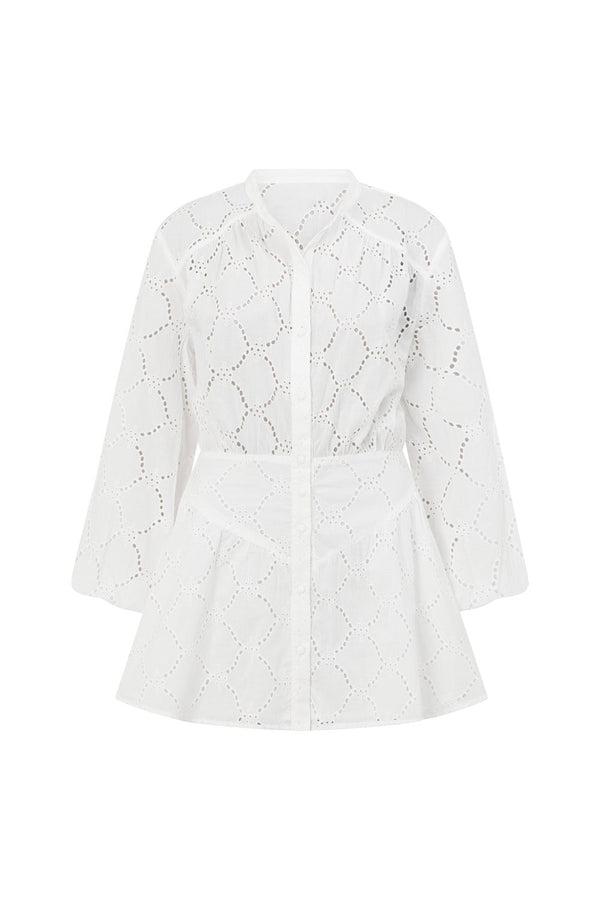 Naima Long Sleeve Button Up Embroidered Mini Corset Dress - White