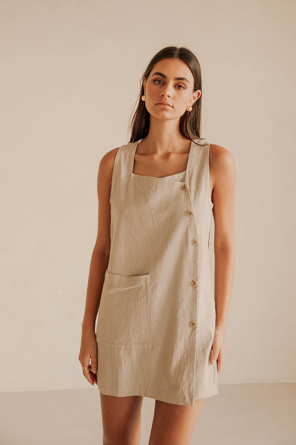 Beige Button Up Wide Strap Pocket Mini Aida Dress
