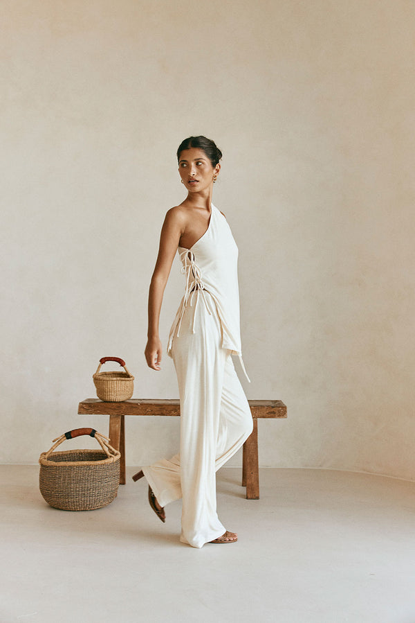 Cream High Waist Elastic Drawstring Zen Pants