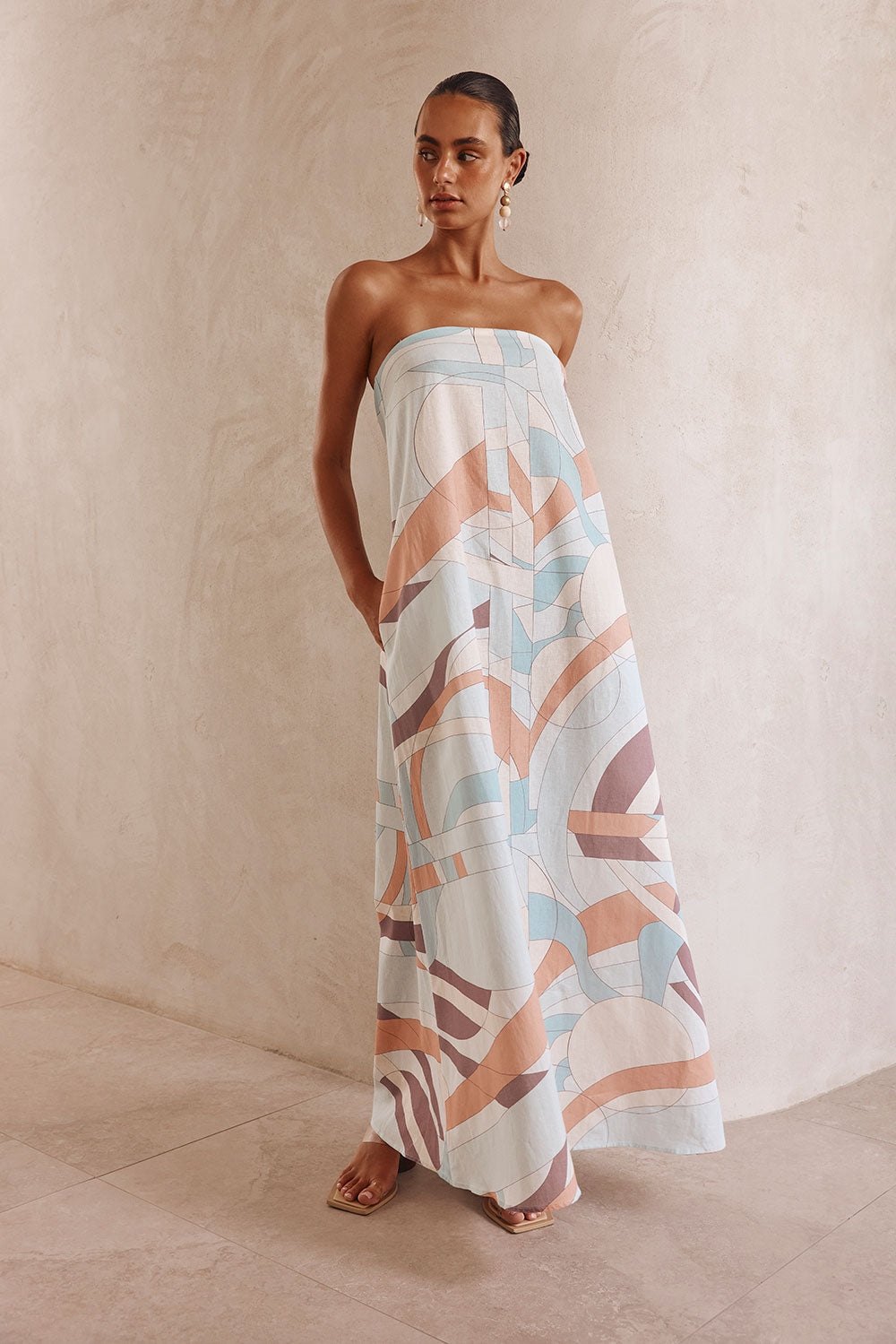White Halcyon Print Strapless Maxi Noah Dress