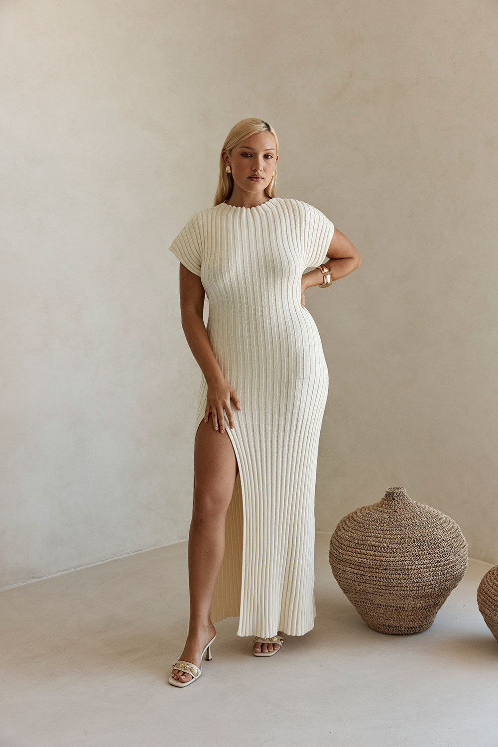 Cream High Neck Short Sleeve Split Maxi Gemini Dress