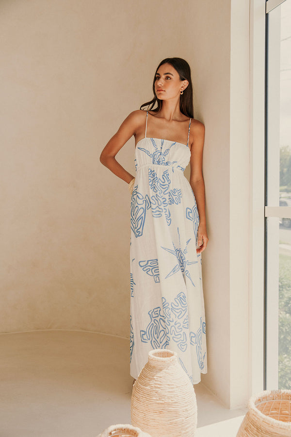 Catie Thin Strap Tropical Backless Maxi Dress - White, Blue Evoke Print
