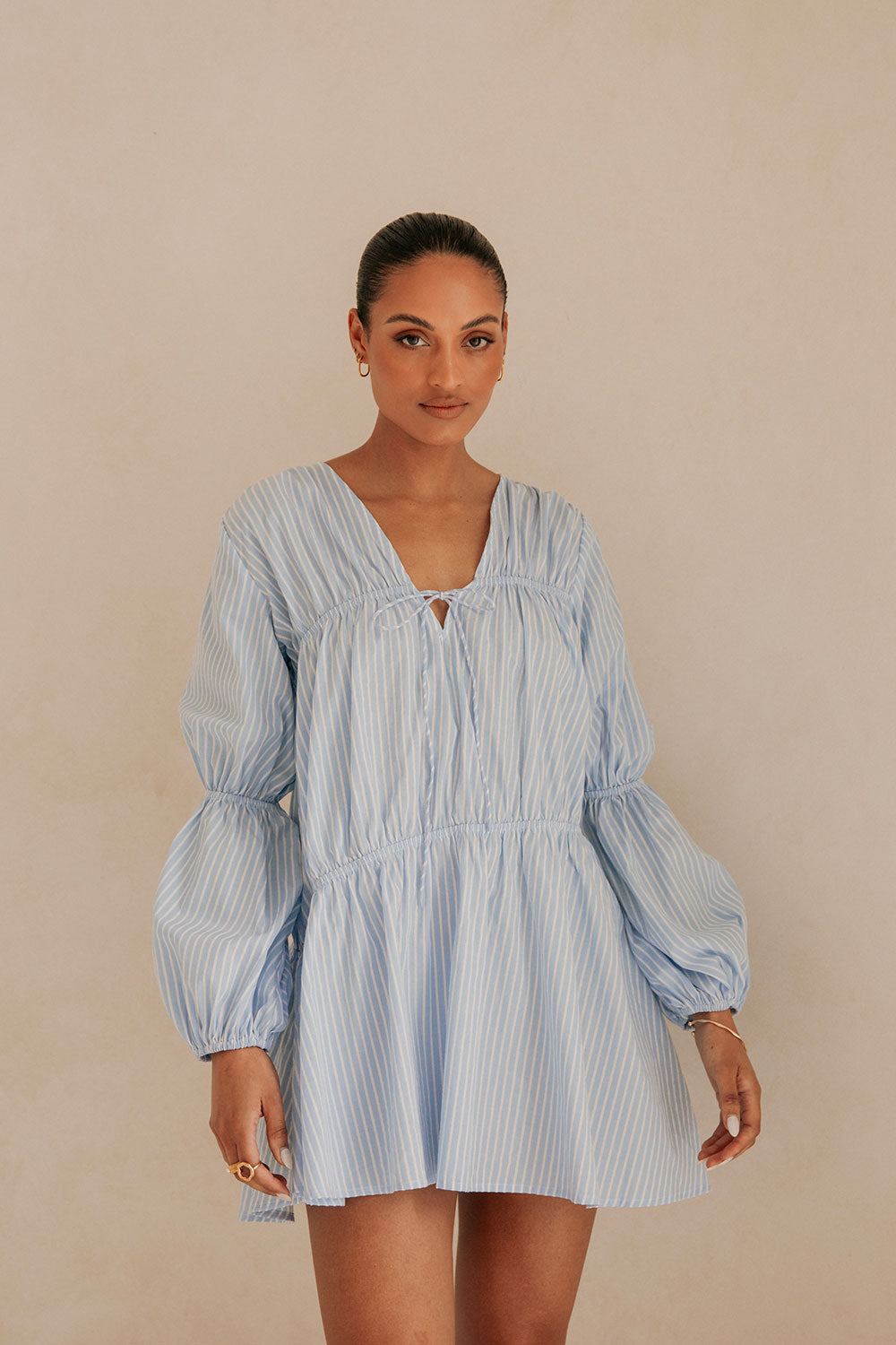 Naloo Long Sleeve Tie Mini Dress - Blue, White Stripe