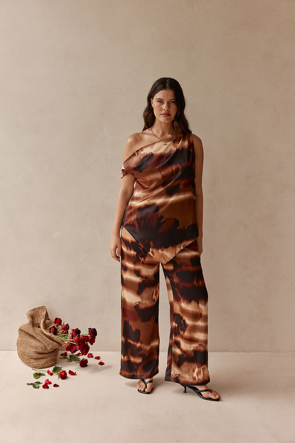 Brown Mirage Bloom Print Satin Saela Top