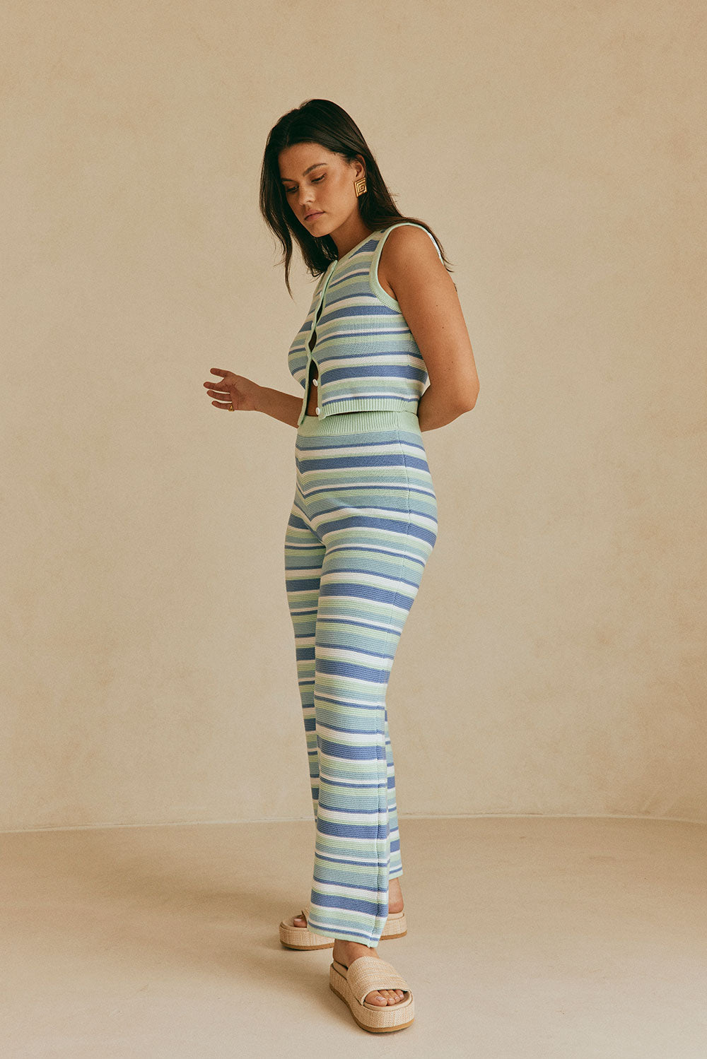 Blue Striped Knit High Waist Aero Pants