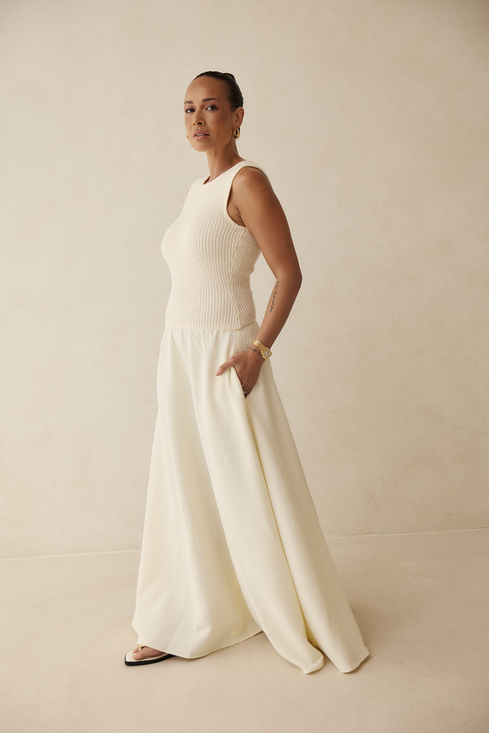 Cream Ribbed Round Neck Flowy Maxi Bryce Dress