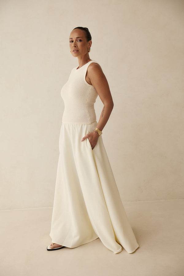Cream Ribbed Round Neck Flowy Maxi Bryce Dress