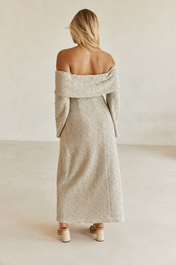 Tan Boucle Off Shoulder Maxi Poppy Dress