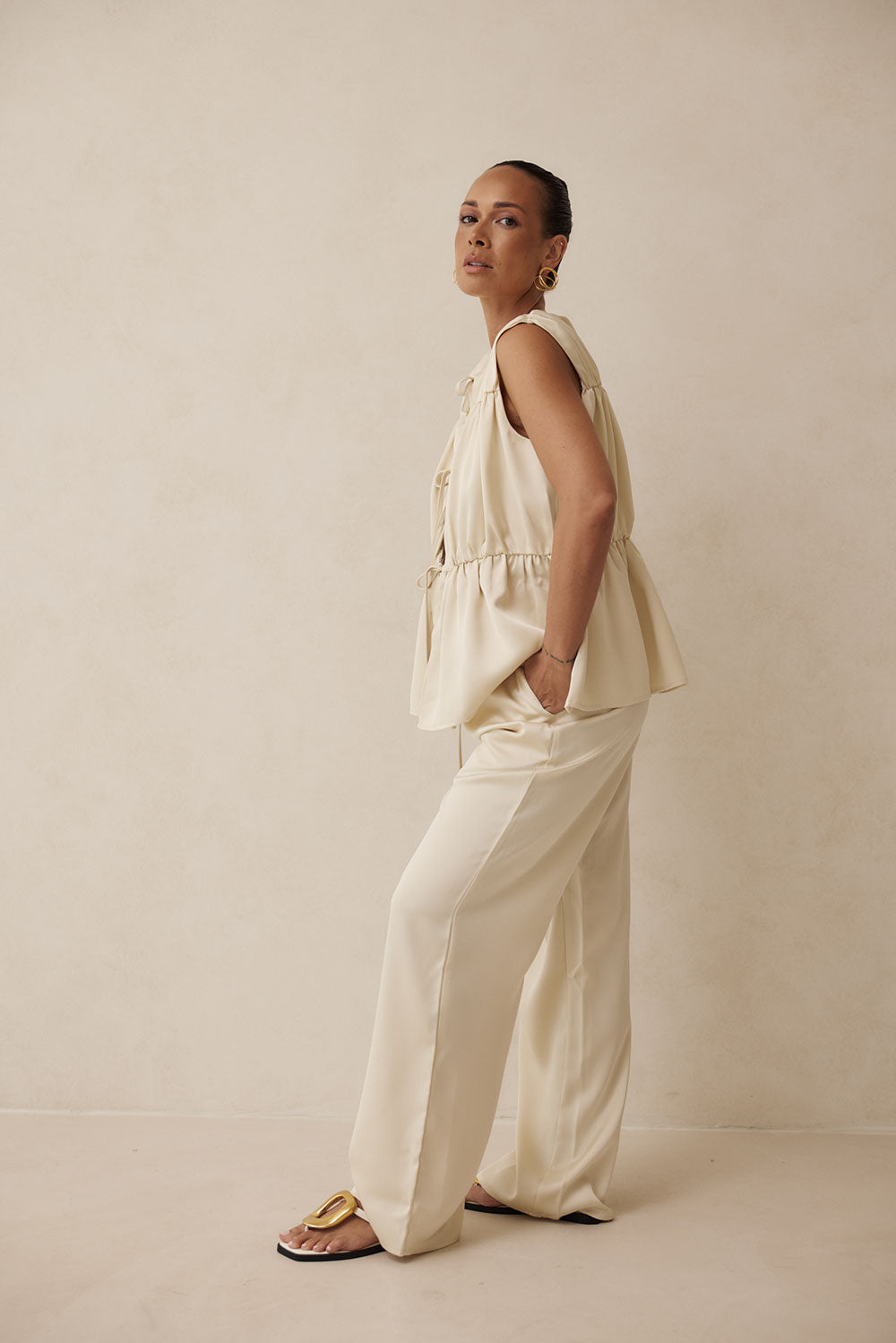 Beige Elastic Drawstring Pocket Juliette Pants