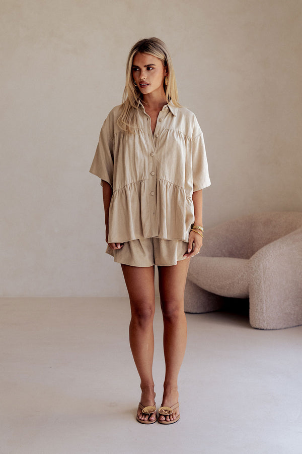 Beige Short Sleeve Button Up Collar Luna Top