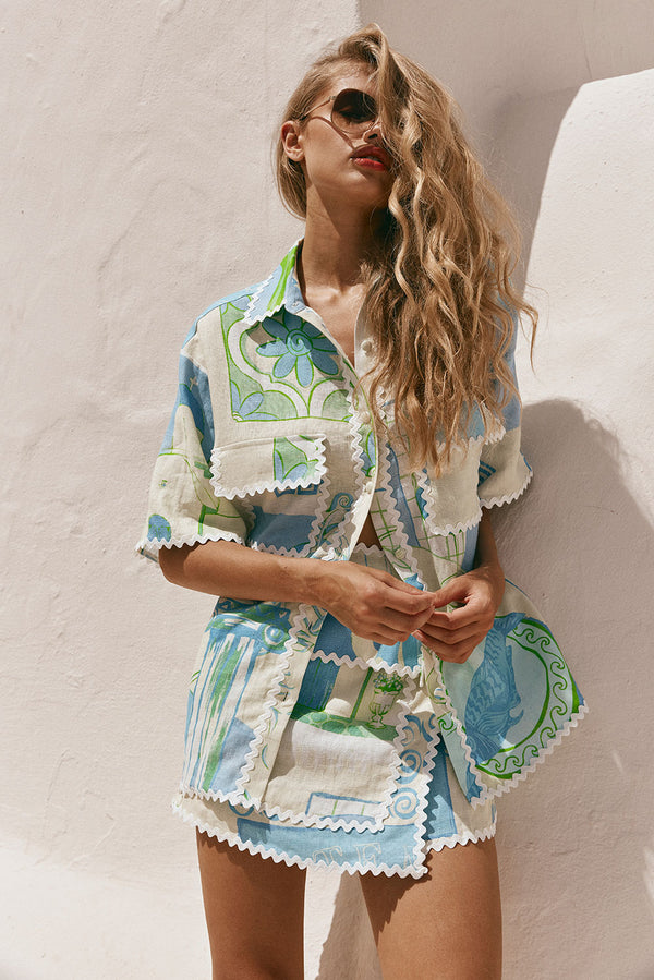 Blue Theotokos Ocean Button Up Collar Diaz Top