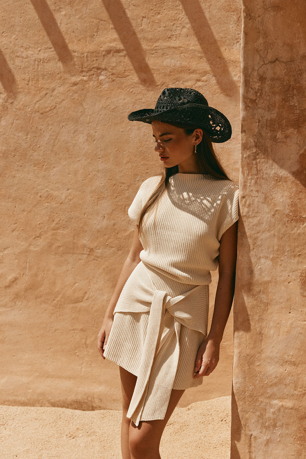 Beige Cotton Knit Draped Mini Lovina Dress