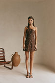 Chocolate Speck Polka Dot One Shoulder Mini Dimmi Dress
