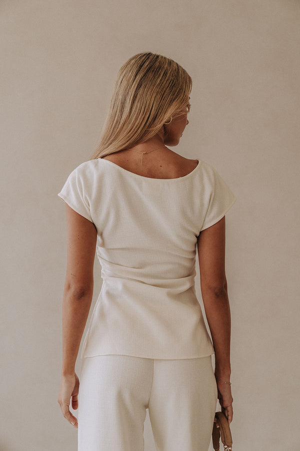 Cream Ruched Short Sleeve Zoya Top