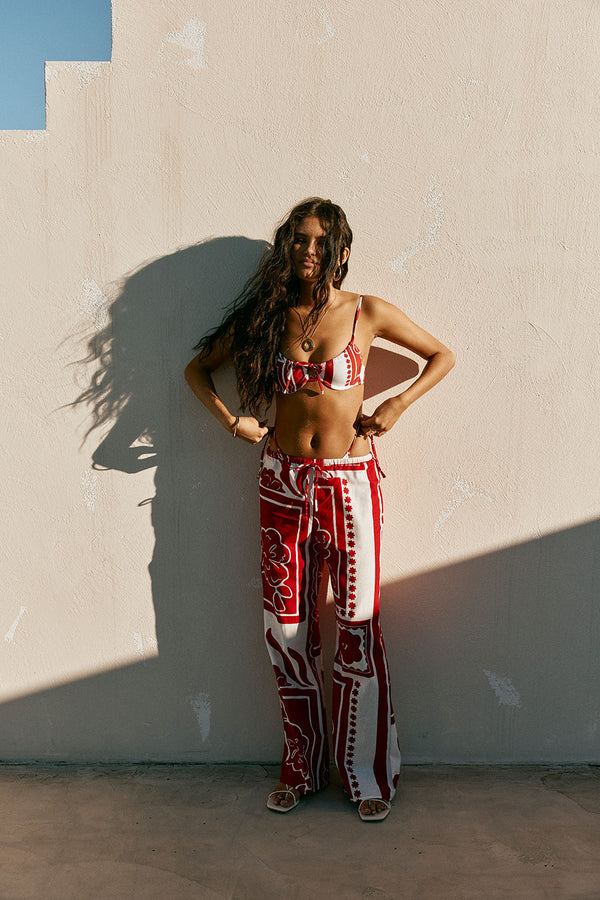 Red Voyage Print Nisi Tie Bikini Bottom
