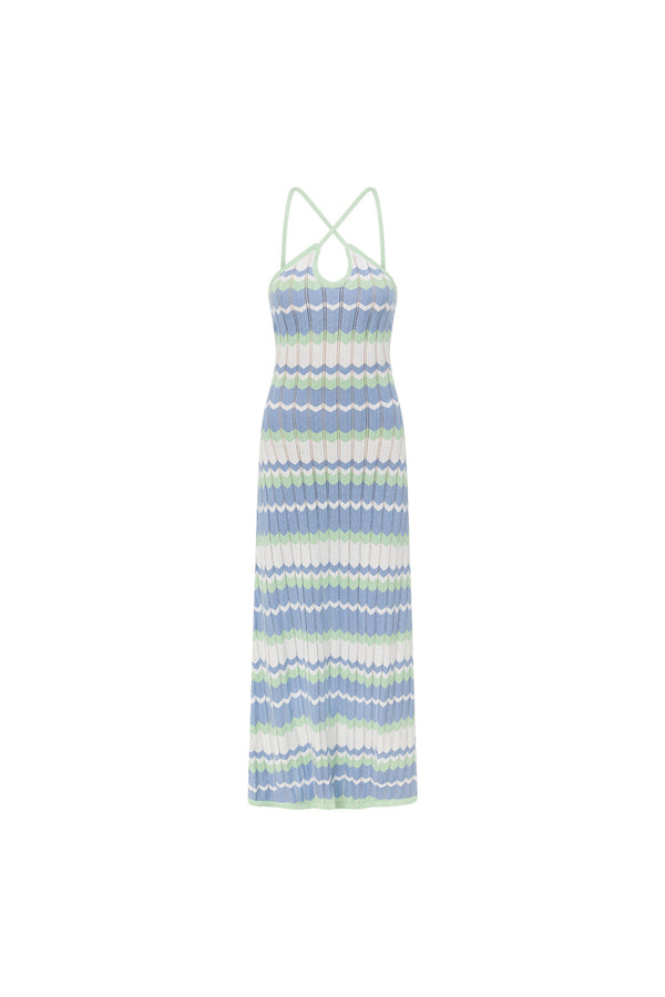 White Blue and Green Stripe Knit Halter Maxi Bexley Dress