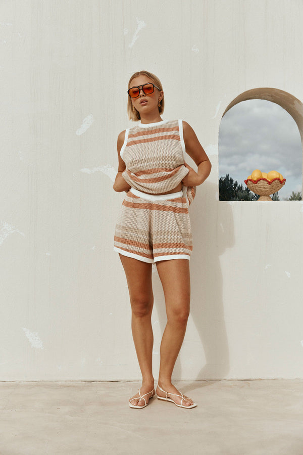 Tan and Cream Stripe Crochet Elastic Kiama Shorts