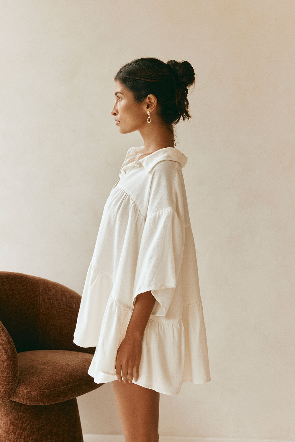 White Short Sleeve Button Up Collar Luna Top