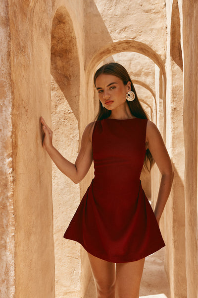 Burgundy Red Flared Mini Camellia Dress – SABO
