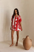 Red Voyage Print Drawstring Mini Kit Shirt Dress