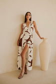 Madeira Split Wrap Maxi Dress - Brown, White Sunroom Chocolate Print