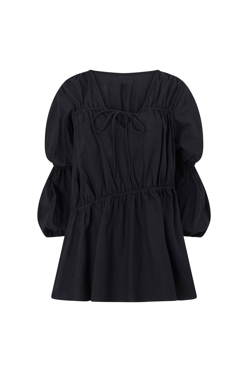 Ava Flounce Long Sleeve Mini Tie Dress - Black