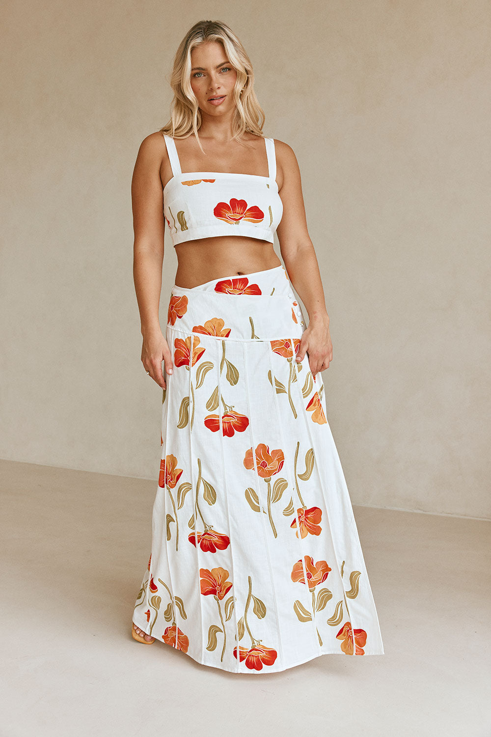 Estelle Crop Top - Red, Green, White, Orange Poppy Print