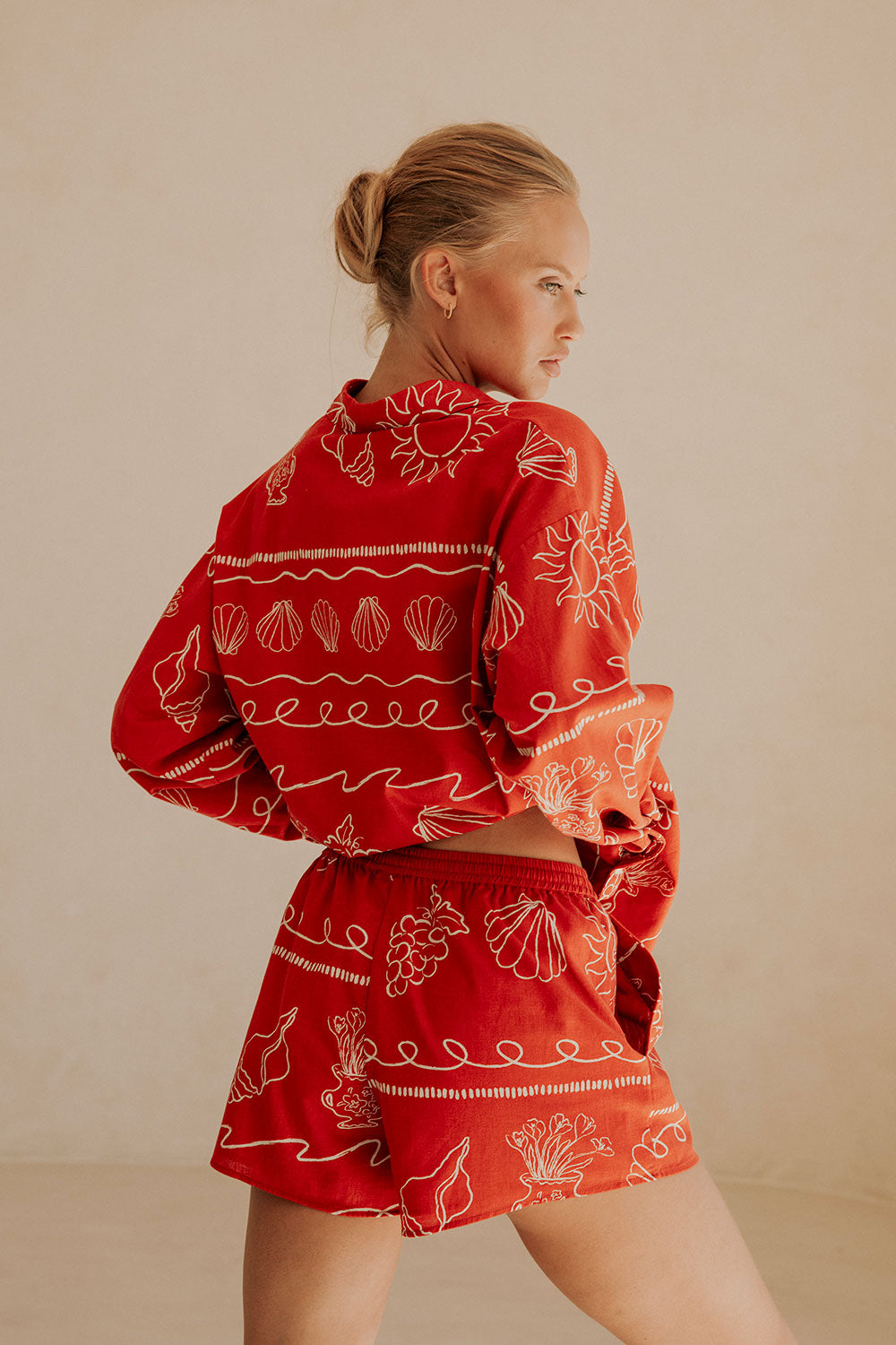 Red Linen Blend High Waist Drawstring Zuli Shorts