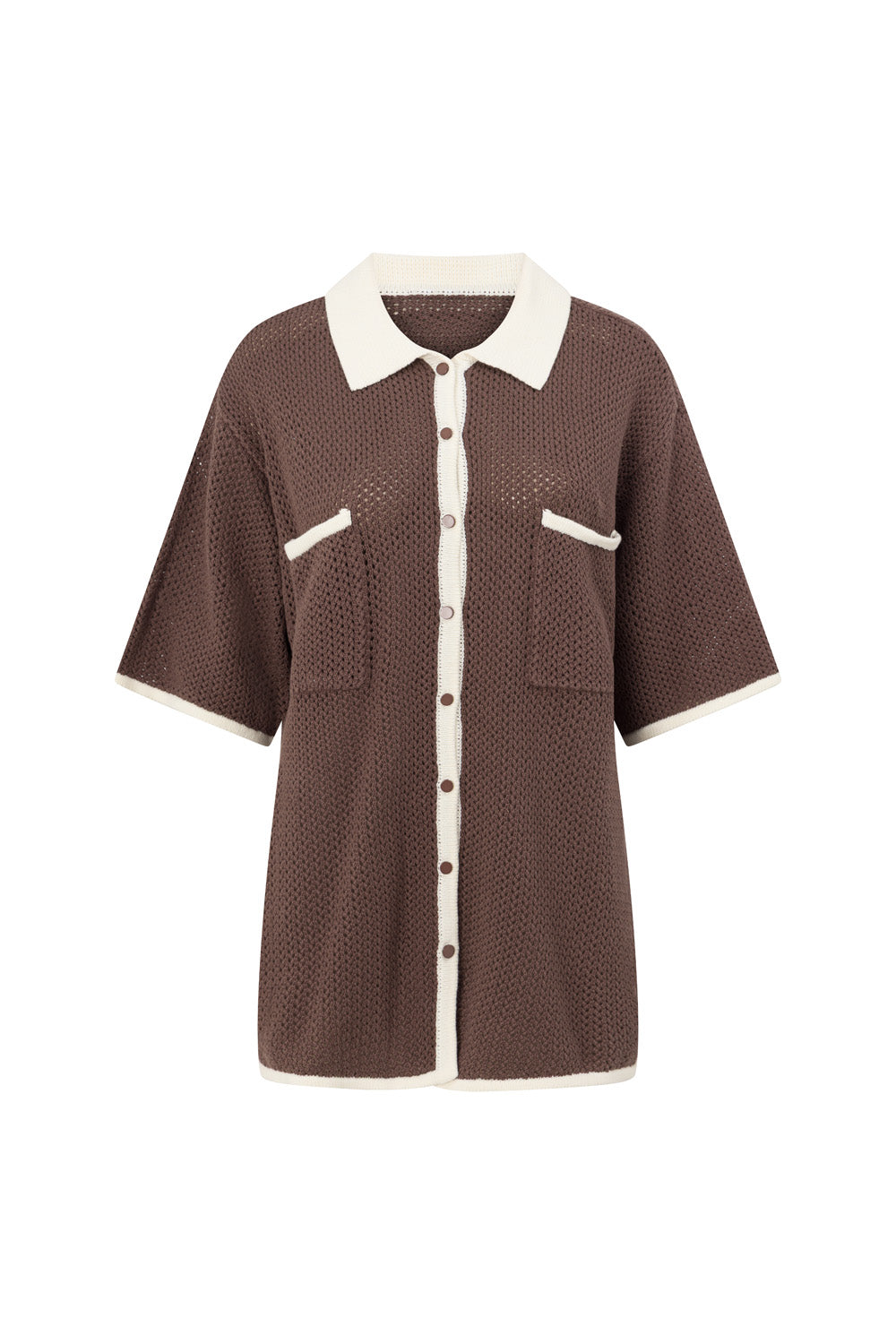 Brown Crochet Knit Button Up Short Sleeve Shiloh Top