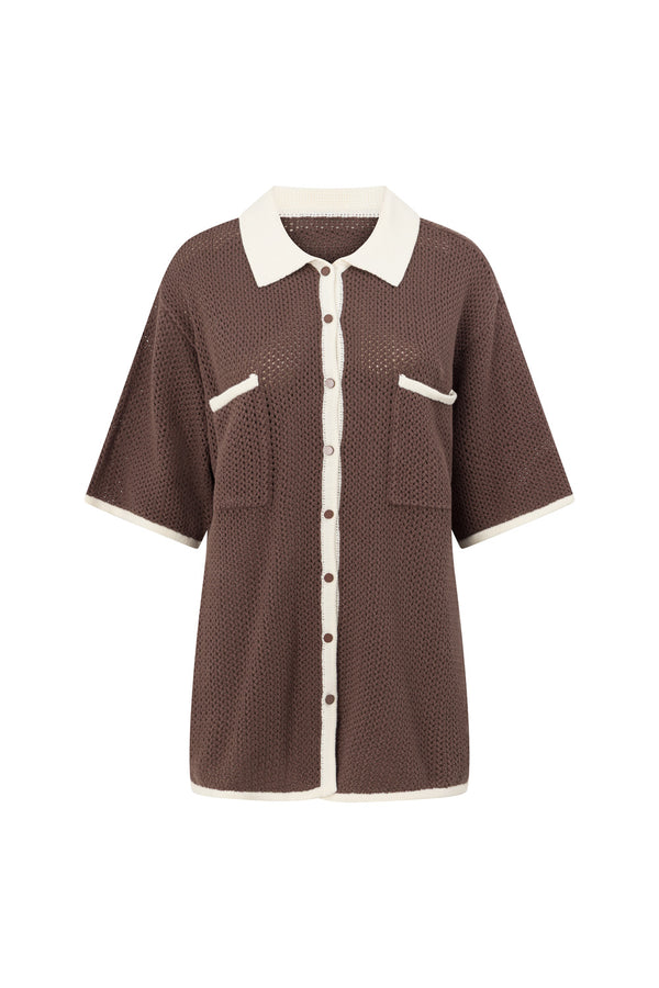 Brown Crochet Knit Button Up Short Sleeve Shiloh Top
