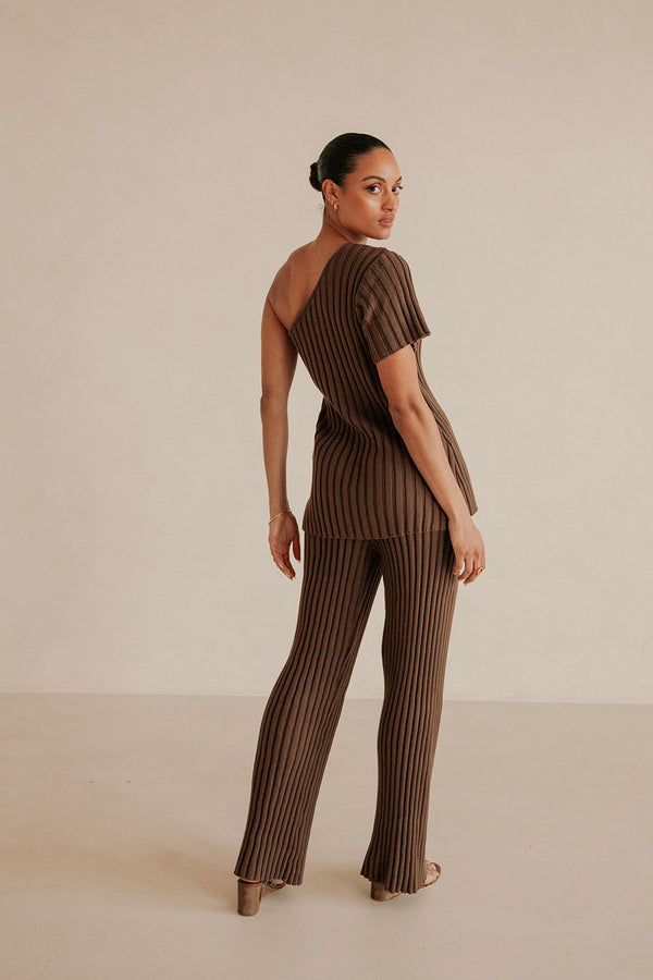 Brown Knit One Shoulder Short Sleeve Neena Top