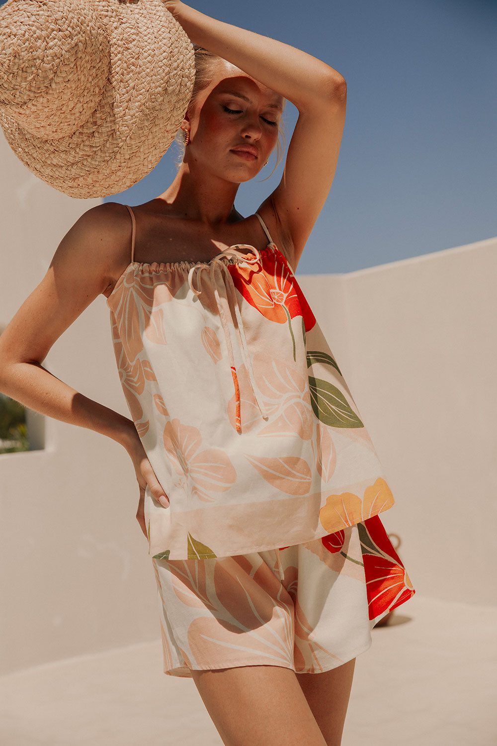 Jetta Thin Strap Tie Top - Petal Scarf, Pink, White, Orange