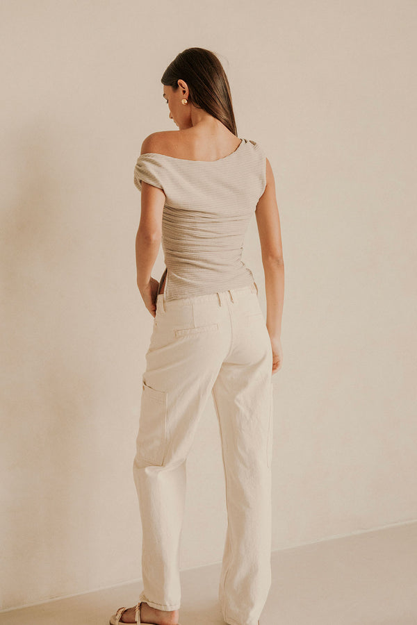 Grey Ribbed Asymmetric Ruched Deni Top