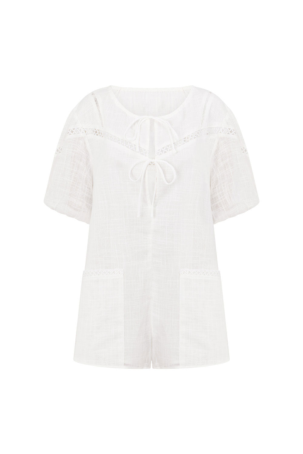 White Cheesecloth Puff Sleeve Front Tie Jela Playsuit