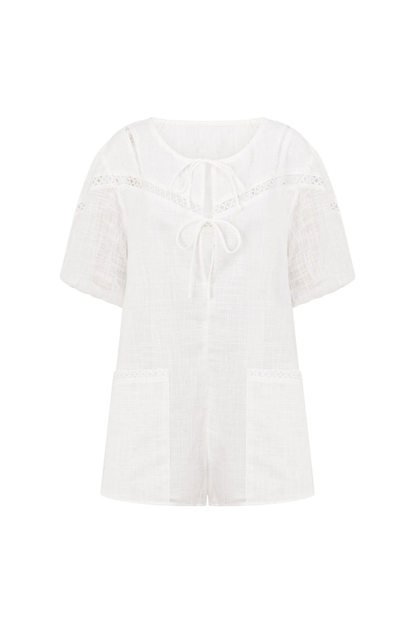 White Cheesecloth Puff Sleeve Front Tie Jela Playsuit