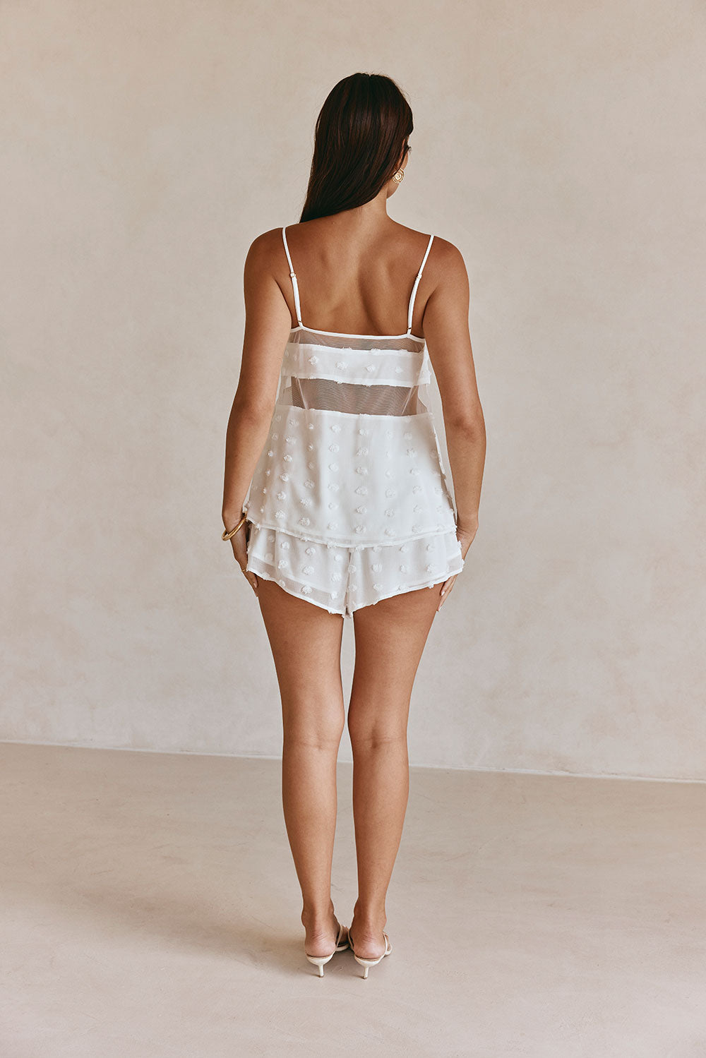 White Textured Spots Strappy Panelled Jacerra Top