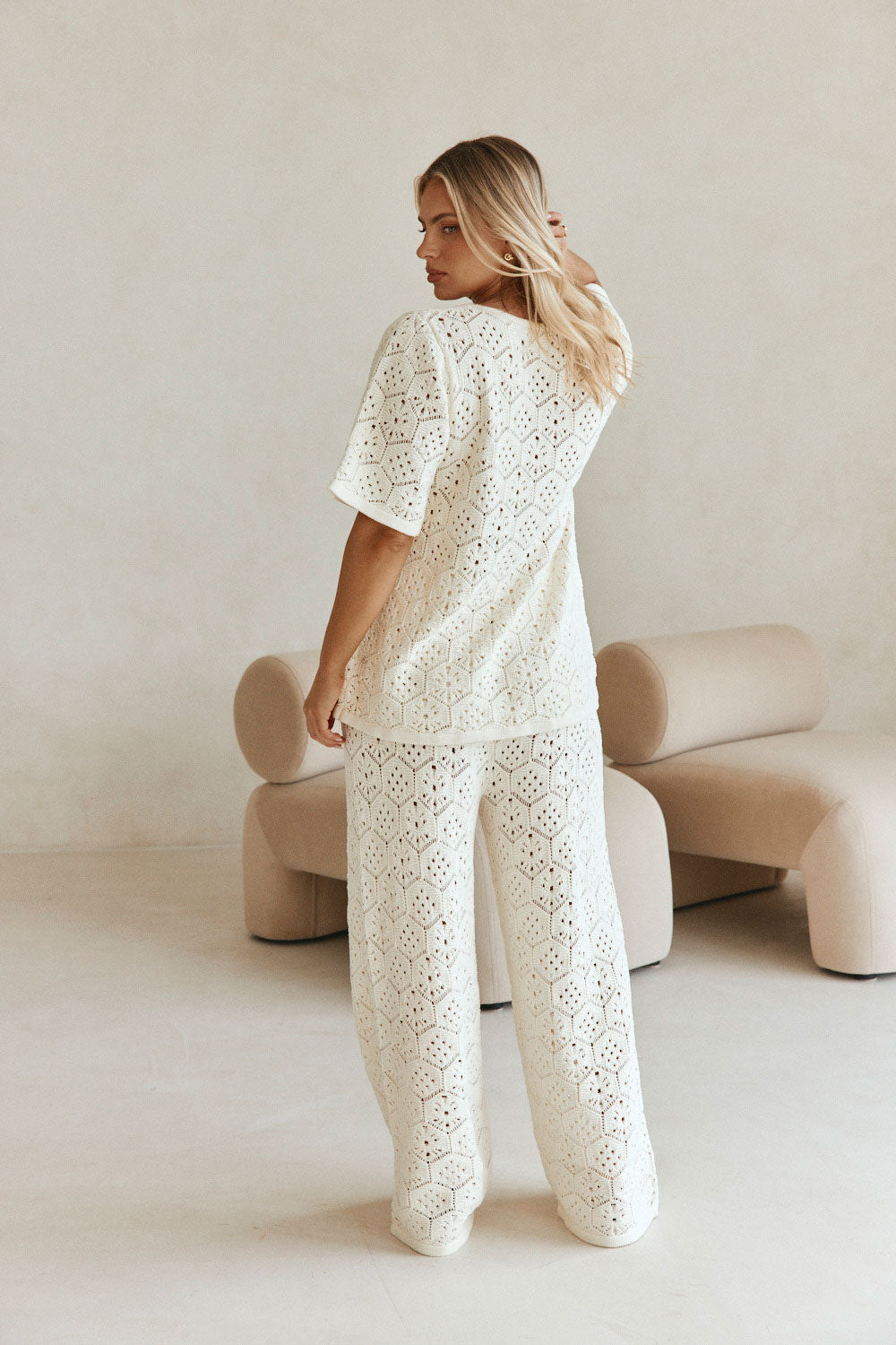 Cream Crochet Knit Button Up Umiko Top