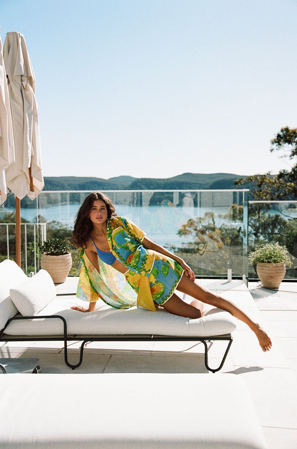 Cascade Button Up Short Sleeve Top - Green, Blue & Orange Morning Yellow Print