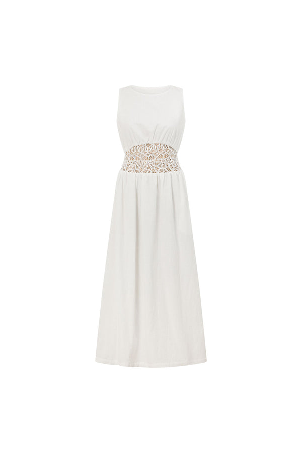 White Cotton Lace Gathered Maxi Cora Dress