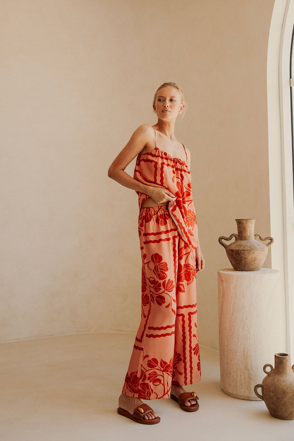 Alani Elasticated Tie Pants - Fiore Postcard Print in Coral Pink and Red